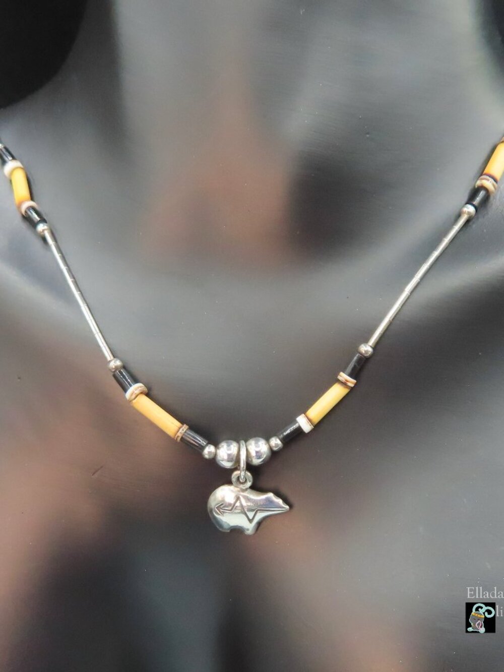 Sterling Silver Heishi Black Onyx & Shell & Wood & Liquid Silver beaded Necklace
